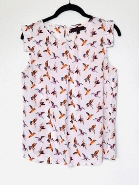 SM Wardrobe Top Womens M Hummingbird Print Flutter Sleeves Feminine Vintage Look